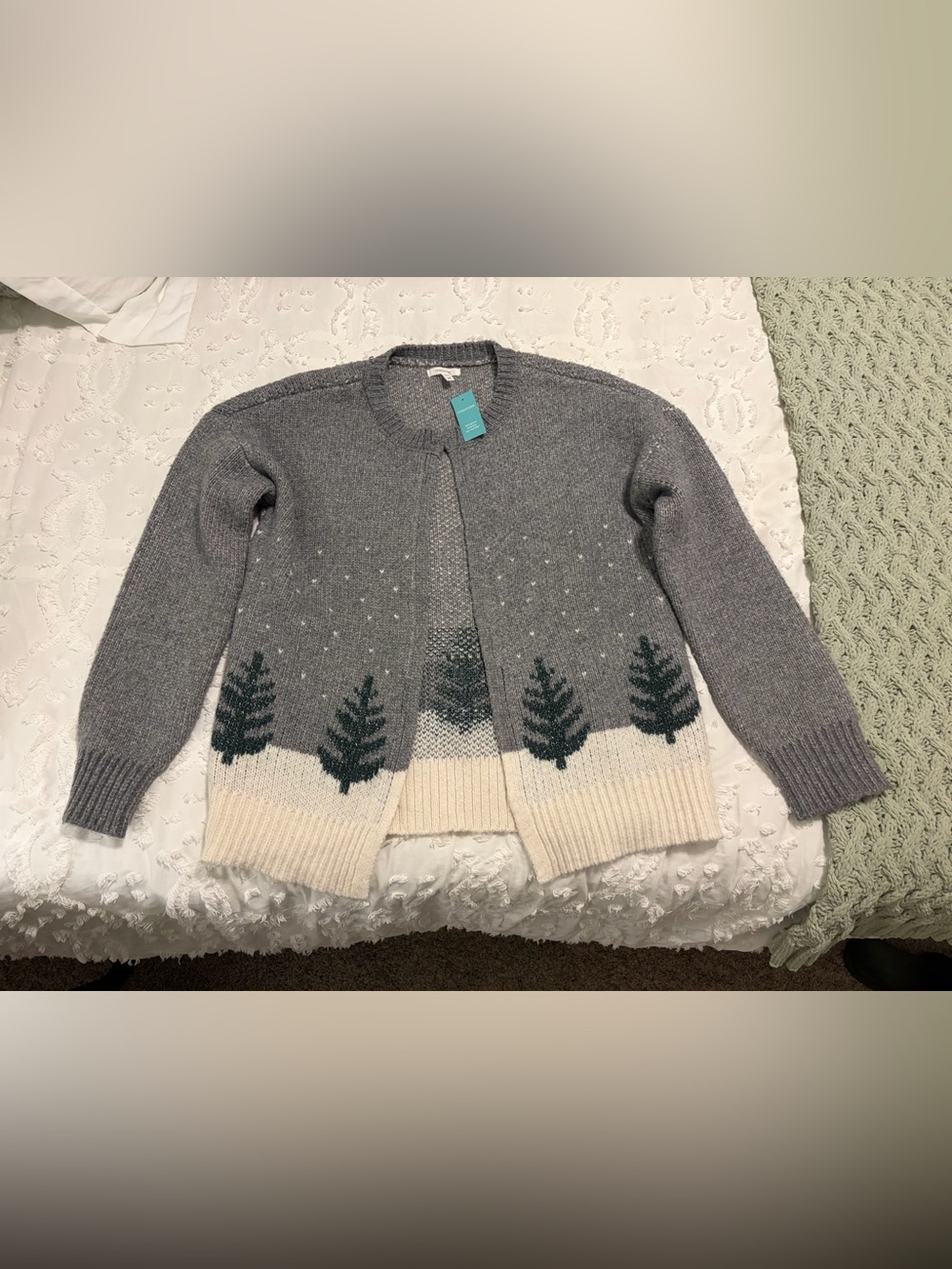 Maurices Gray Cardigan with Green Tree Motif / Christmas Sweater